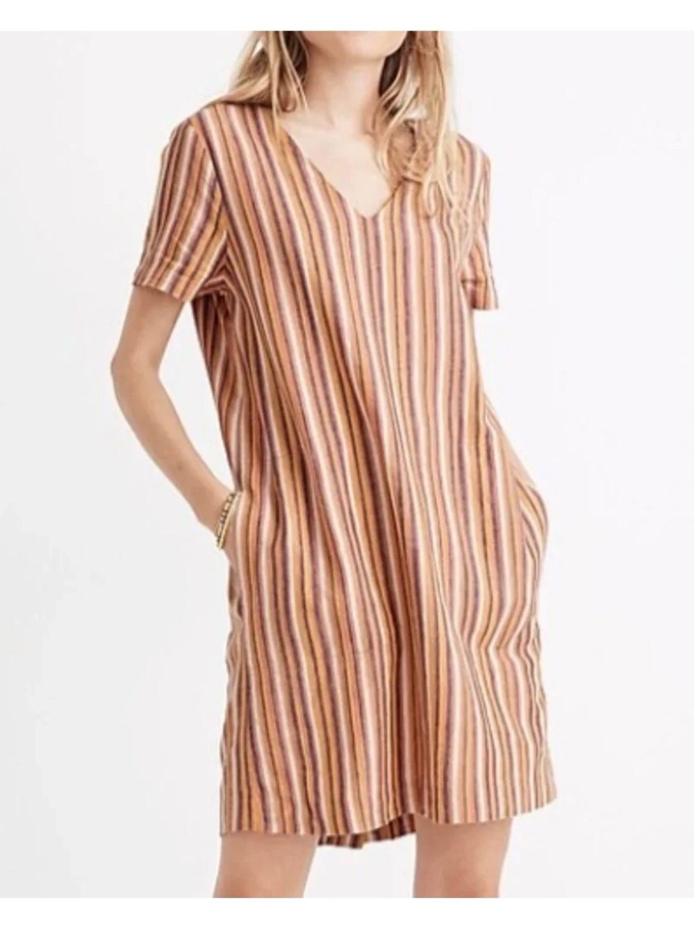 Madewell L Button Back Dress Linen Cotton Striped Shift Pockets Size L